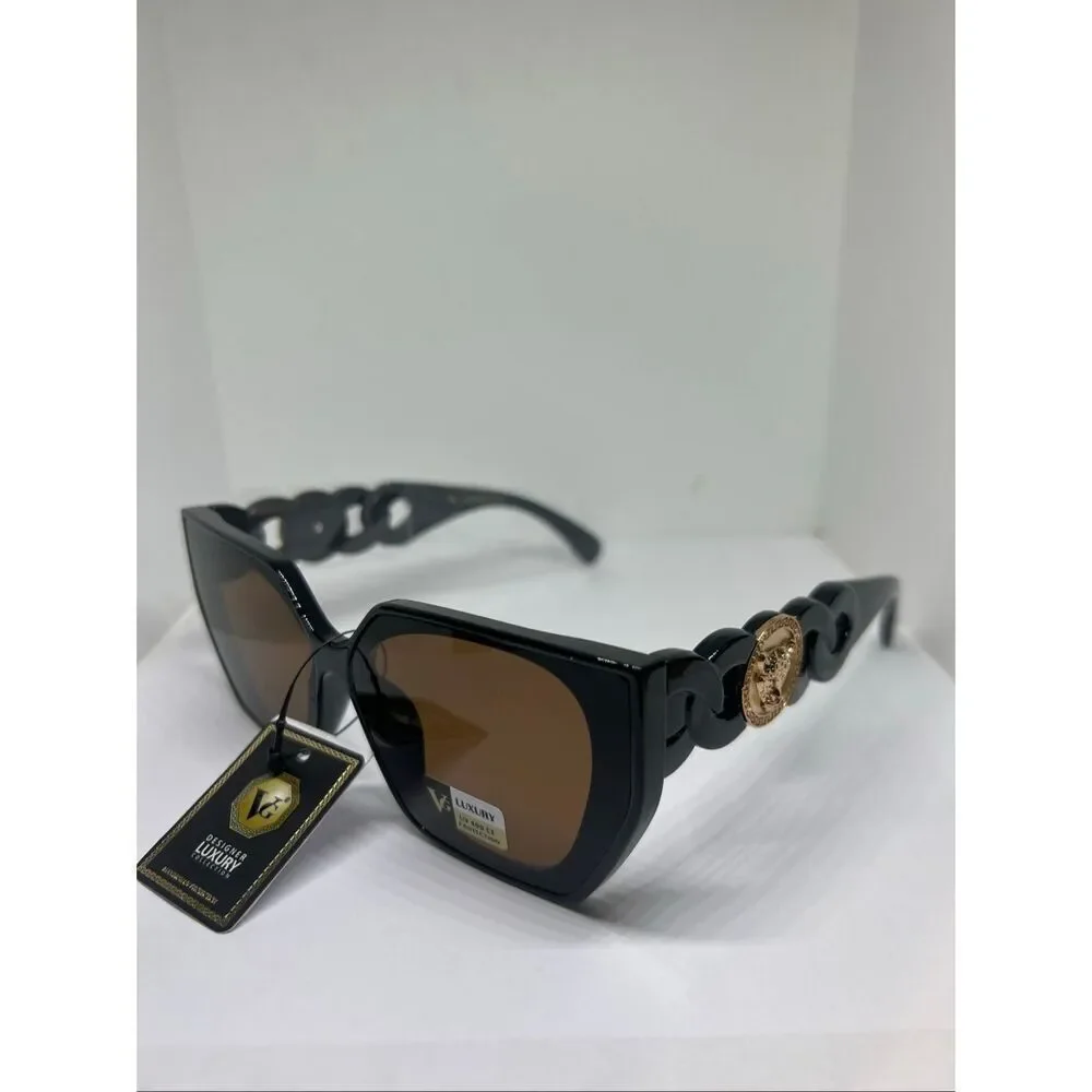 Oversized Black Sunglasses Gold Medallion Chain Arm UV400 Glam Chic
